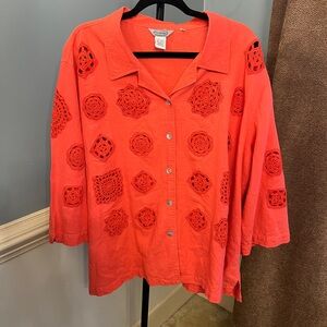 Stonebridge Coral Button Down‎ Shirt with Crochet Details linen blend plus 3X
